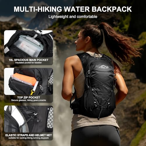 IX INOXTO Hydration Backpack, 18L Lightweight Hiking Backpack with 2L Water Bladder Daypack Women Men, Water Backpack Insulated Hydration Pack for Hiking, Running, Festival, Cycling - color: All Black