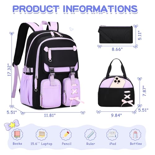MOONBABY Girls Backpack with Lunch Box & Pencil Case for Kids Teens Bookbag for Elementary Primary Middle High School Daypack - color: Purple-3pcs