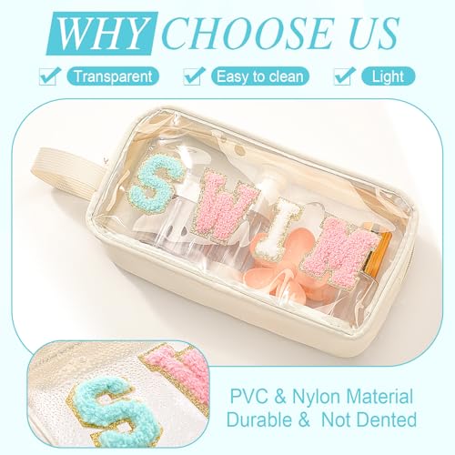 Kacctyen Letter Clear Makeup Bags Swim Pouch Cute Preppy Patch Clear Travel Bag with Zipper Small Chenille Nylon Cosmetics Waterproof Sandproof Bags Toiletry Storage Snack Sunscreen Pouch for Women - color: White, style: Swim