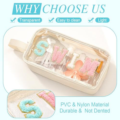Kacctyen Letter Clear Makeup Bags Swim Pouch Cute Preppy Patch Clear Travel Bag with Zipper Small Chenille Nylon Cosmetics Waterproof Sandproof Bags Toiletry Storage Snack Sunscreen Pouch for Women - color: White, style: Swim