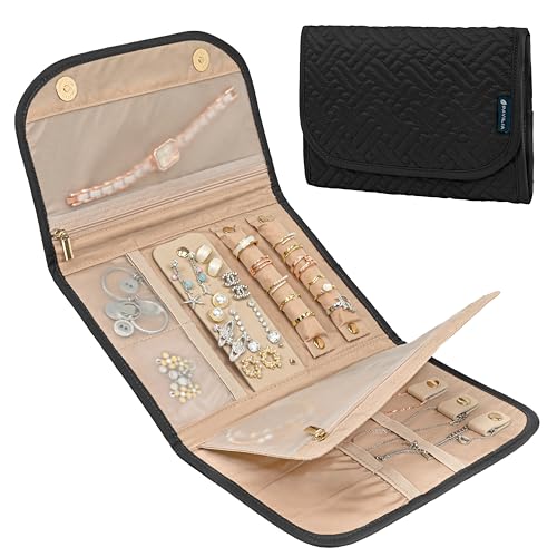 PAVILIA Travel Jewelry Case Organizer, Foldable Jewelry Roll Bag for Earrings, Rings, Necklaces, Bracelets, Accessories, Compact Travel Pouch Wallet for Women, Anti-Tangle (Quilt Black) - color: Quilt Black
