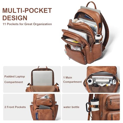 Vegan Leather Backpack, TSA Travel Backpack for Men and Women, Fits 17.0 Inch Laptop with Luggage Strap, Brown - color: Brown