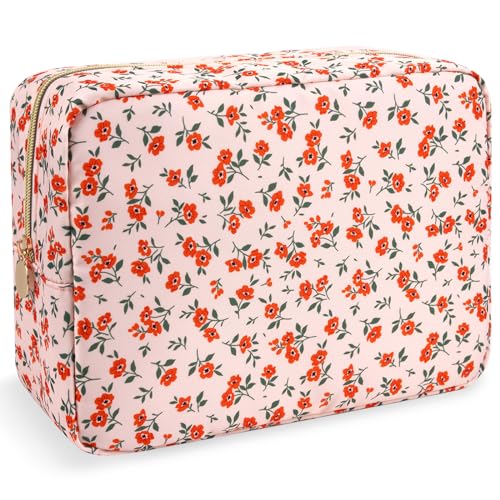 Nylon Large Floral Makeup Organizer Bag, Preppy Big Cute Flower Cosmetic Zipper Pouch Multi-compartment with Dividers, Waterproof Toiletry Make Up Brushes Bag Travel Essentials for Women(Pink-Floral) - color: Pink-Floral, size: Large