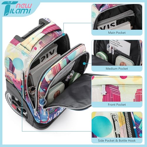 NEW TILAMI 19 inch Rolling Backpack Teens Rolling Backpack Cute Wheeled Laptop Backpack Bookbag Roller Travel Bag College, City (No USB interface) - color: Yellow City
