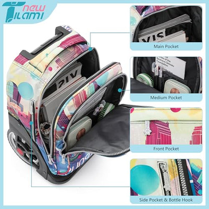 NEW TILAMI 19 Inch Rolling Backpack with Lunch Bag for Girls Boys Wheeled Laptop Backpack Durable Carry-on Bag School Travel, City - color: Yellow City