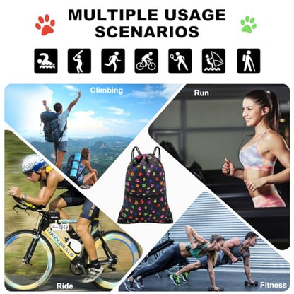 HOLYLUCK Drawstring Backpack Bag Sport Gym Sackpack - color: Black Dog Paw Prin