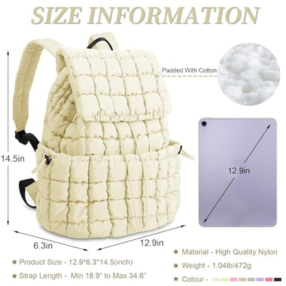izuzta Quilted Puffer Backpack for Women, Lightweight Soft Nylon Quilted Hiker Pack, Trendy Puffy Padding Gym Backpack, Travel Bag for Casual Daypack Hiking Sport (Beige) - color: Beige