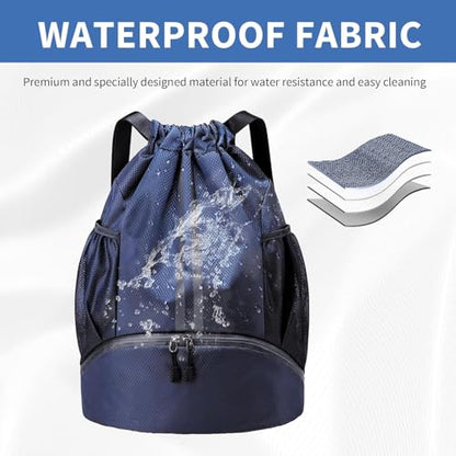 Drawstring Backpack Gym Bag with Shoe Compartment - Ideal for Basketball, Swimming, Beach Activities, Unisex - color: Navy Blue