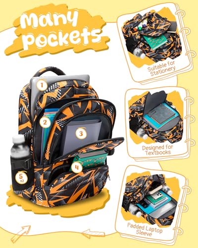 BLUEFAIRY Kids School Backpack for Boys Girls Ages 6-8 8-10 10-12 Elementary Middle School Book Bags with Laptop Compartment Mochilas Escolares para Niños Niñas de 8 10 12 Años (Orange, Geometric) - color: Orange