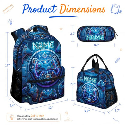 Personalized Backpack Set for Boys Gaming School Bag for Kids Teens Gamer - 17 Inch Large Capacity Custom Name Bookbag with Lunch Box for Elementary Middle School - color: Blue