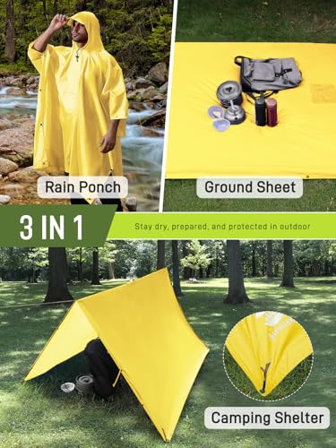 SaphiRose Extra Thick Hooded Rain Poncho Double Layer Waterproof Raincoat Jacket for Men Women Adults - color: Yellow