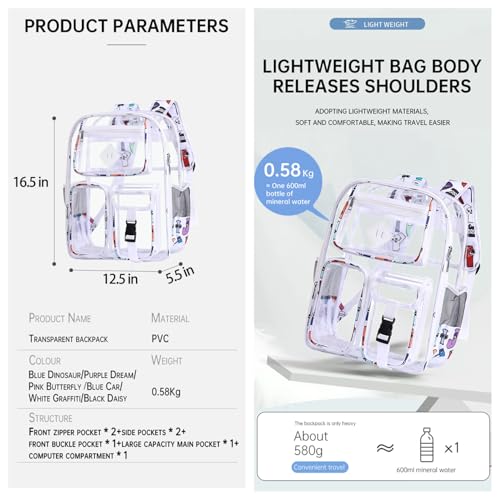 Clear Backpack-Heavy Duty PVC clear backpack for Stadium/Travel/Work,Dual Zippered Compartments&Mesh Side Pockets (white) - color: White