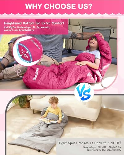 KingCamp 45°F Kids Sleeping Bag, Lightweight Waterproof & Compact Flannel Sleeping Bags Cold Weather & Warm Youth Essentials Gear Accessories for Camping, Fits 10-12 Children up to 4'7"-5'5" Tall - color: Mummy 8.6°F ~42.8°F Pink