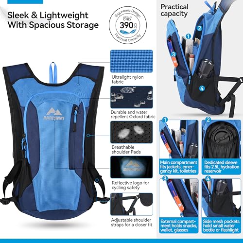 MARCHWAY Lightweight Hydration Backpack with Vest Style Straps & 2.5L TPU Water Bladder, Versatile Sleek Multi-Pocket Pack for Hiking, Cycling, Running, Backpacking, Travel - color: Blue