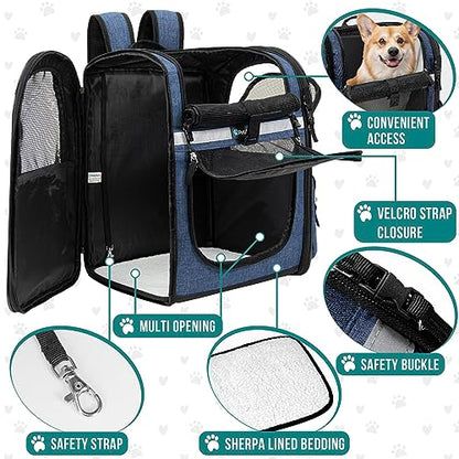 PetAmi Dog Backpack Carrier for Cats and Small Dogs, 4-Way Entry Ventilated Pet Carrier for Hiking Travel, Foldable Top with Sherpa Bed, Reflective and Poop Bag Dispenser, Up to 18 lbs, Navy Blue - color: Navy Blue