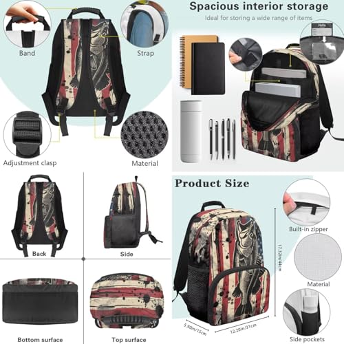 School Backpack Set with Lunch Box Pencil Case 3 In 1 American Flag Fish School Bag Bookbag for Boys Girls Lager Capacity Student Daypack - color: American Flag Fish
