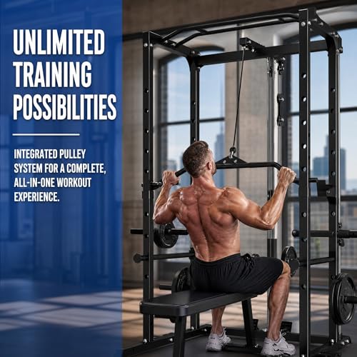 KOPUS Power Rack with Pulley System – Multi-Functional Power Cage Squat Rack, LAT Pull Down, J Hooks & Safety Bars – 1200 lbs Home Gym Equipment – 5 Configurations