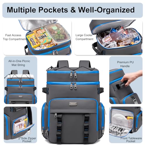 Weitars Insulated Cooler Backpack,Double Deck Waterproof Soft Cooler Bag,Backpack Coolers Leak Proof Lunch Backpack for Men Women for Travel,Camping,Picnic,Beach,Picnic,Outdoor 31L/52 Can - color: DarkGray