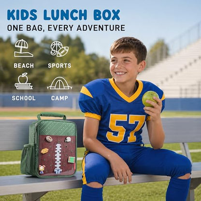 Fit & Fresh Customizable Charm Lunch Bag for Boys & Girls, Football Kids Lunch Box with 6 Sports Charms, Premium Insulated Reusable Lunch Tote for School - color: Green Football