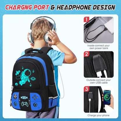 Bevalsa Backpack for School Boys, Cool Luminous Gamer Boys Schoolbag with Lunch Box & Pencil Case Set for Kids Teens Elementary Middle School, Bookbag Glow In The Dark(Blue Astronaut Backpack) - color: Blue Astronaut, style: Backpack