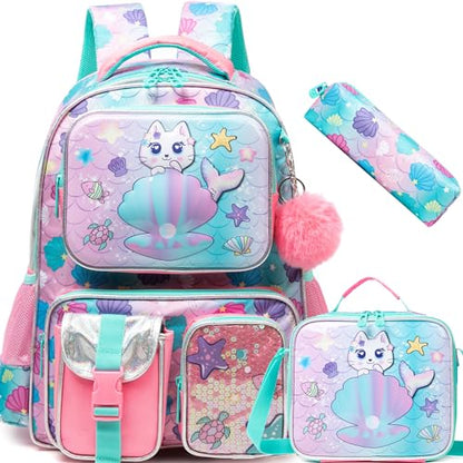 Meetbelify Cute Cat Backpacks for Girls School Backpacks for Elementary Students Ages 8-10 Kids Aesthetic Travel Backpack Large Capacity Laptop Bookbag with Lunch Box 3 in 1 Backpack Set for Girls - color: 04 Girl