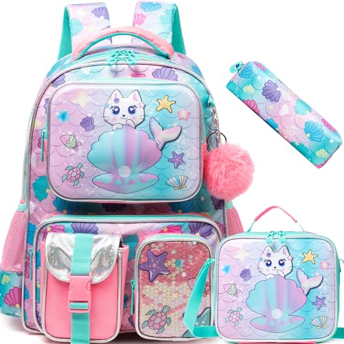 Meetbelify Cute Cat Backpacks for Girls School Backpacks for Elementary Students Ages 8-10 Kids Aesthetic Travel Backpack Large Capacity Laptop Bookbag with Lunch Box 3 in 1 Backpack Set for Girls - color: 04 Girl
