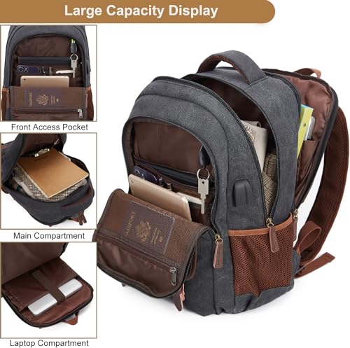 Canvas Travel Laptop Backpack for Men Women, business Work Rucksack College School Computer Bag Fits 15.6 Inch Laptop, Bookbag with USB Charging Port （Black）