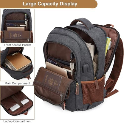 Canvas Travel Laptop Backpack for Men Women, business Work Rucksack College School Computer Bag Fits 15.6 Inch Laptop, Bookbag with USB Charging Port （Black）