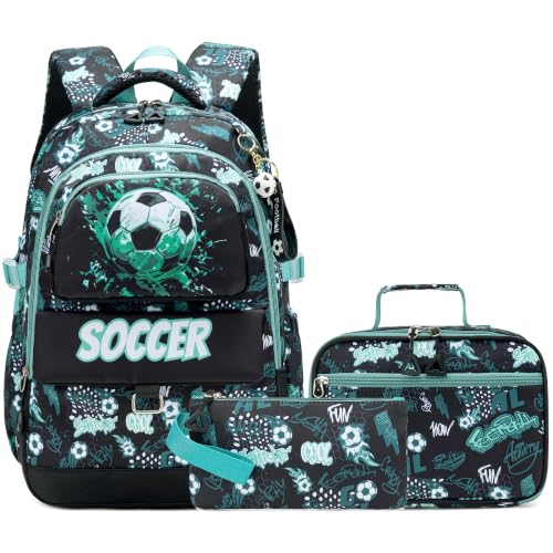 Makukke Kids Backpack for School Boys, 15.6" Backpack with Lunch Box & Pencil Case, Bookbag For Elementary, Middle School (Football Set – Green) - color: Green-Soccer