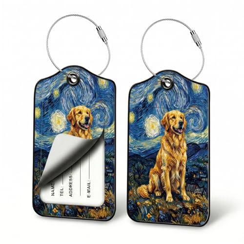 Golden Retriever Dog Luggage Tags for Suitcases, 2 Pack PU Leather ID Tags | Privacy flap hides address card, steel wire loop fits kids bags, sports totes, camp duffels, lake stays and family vacations - color: Golden Retriever