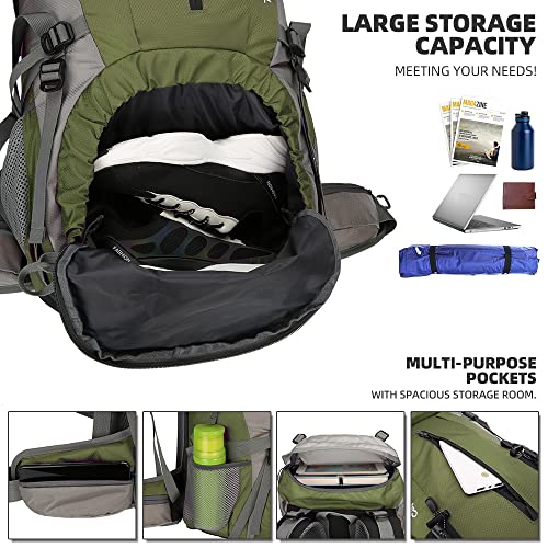 King'sGuard 70L Hiking Backpack with Rain Cover Lightweight Waterproof Travel Camping Backpack Large Backpacking Pack - color: Army Green