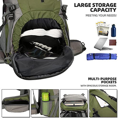 King'sGuard 70L Hiking Backpack with Rain Cover Lightweight Waterproof Travel Camping Backpack Large Backpacking Pack - color: Army Green