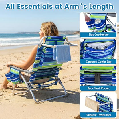 COSTWAY Portable Folding Backpack Beach Chairs Set of 2 with 5-Position Backrest, Padded Headrest, Cup Holder & Ice Bag for Lawn, Poolside (Blue Stripe) - color: Blue Stripe