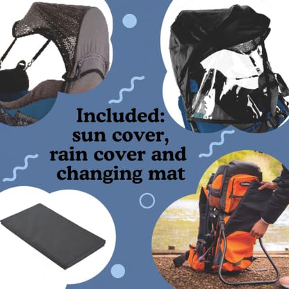 Hiking Baby Carrier Backpack - Comfortable Toddler/Baby Backpack Carrier System with Diaper Change Pad, Insulated Pocket + Rain and Sun Hood to Protect Your Child - color: Navy/Grey