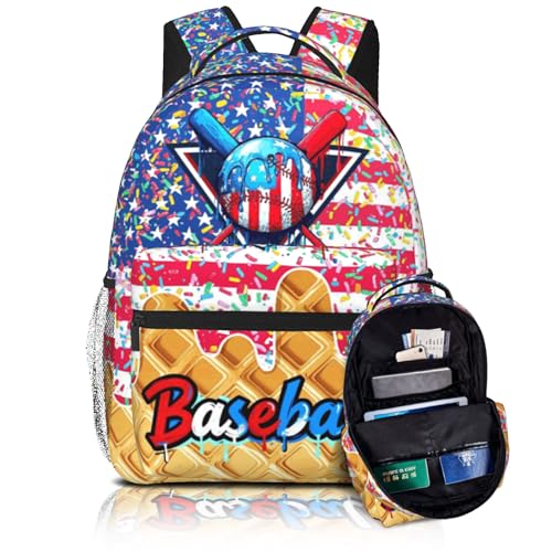 Baseball Ice Cream Drip School Backpack for Kids Boys American Flag Sports Ball Backpack for Kids Children Teens Elementary Middle School Baseball Theme Bookbag Travel Back Pack - color: Ice Cream Baseball