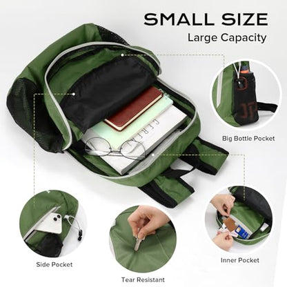 VPBAGE 15L Water-resistant Hiking Daypack, Small Backpack Travel Outdoor, Lightweight Packable Day Pack Carry On for Women Men Adults - color: Army Green