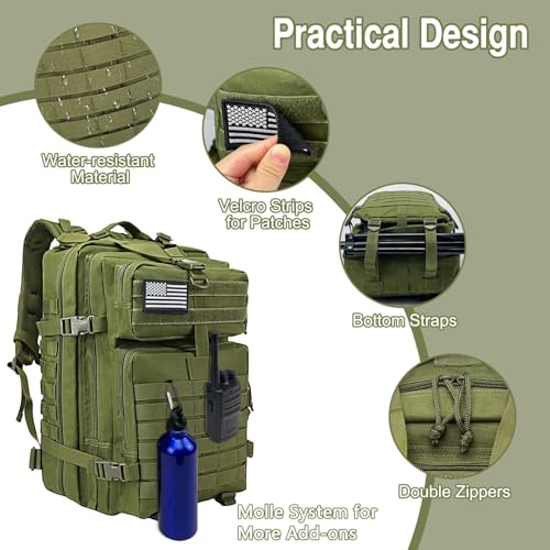 WOLT Military Tactical Backpack for Men 45L Molle Backpack 3 Day Assault Pack Bug Out Bag, Heavy Duty Rucksack for Hiking Gym(Army Green) - color: Green