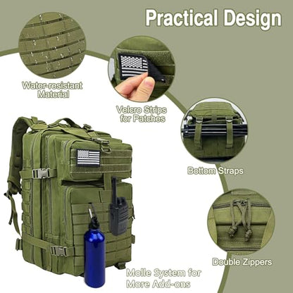 WOLT Military Tactical Backpack for Men 45L Molle Backpack 3 Day Assault Pack Bug Out Bag, Heavy Duty Rucksack for Hiking Gym(Army Green) - color: Green