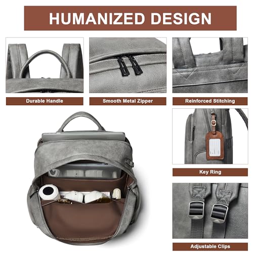 Leather Backpack for Women Men, Fits 16.0 Inch Laptop, Soft Vegan Leather Backpack for Travel and Daily Use, Grey - color: Grey