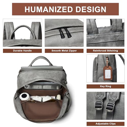 Leather Backpack for Women Men, Fits 16.0 Inch Laptop, Soft Vegan Leather Backpack for Travel and Daily Use, Grey - color: Grey