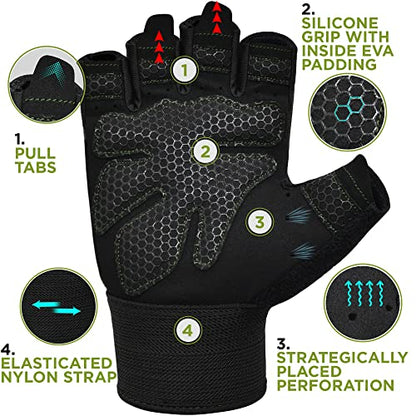 RDX Weight Lifting Gloves Gym Fitness Workout, Anti Slip Padded Full Palm Protection, Ultra Ventilated, Bodybuilding Strength Training HIIT WOD Exercise, Half Finger Men Women Cycling Rowing Climbing - color: Army Green, size: Small