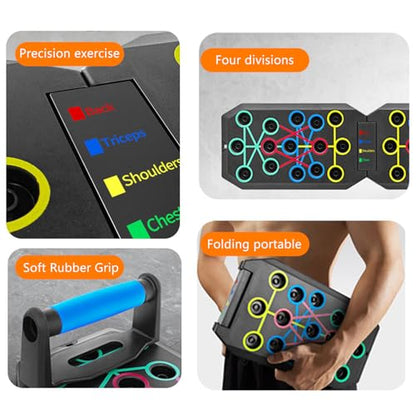 Push Up Board Fitness, BESUNTEK Foldable Multi-Function Exercise Board with Elastic Cord for Total Body Workouts, Portable Push Up Board for Floor