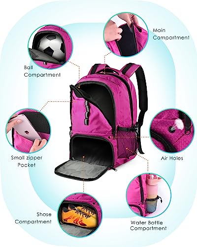 BROTOU Soccer Backpack Sports Bag with Ball Holder and Shoe Compartment for Football Basketball Volleyball Rugby - color: Pink