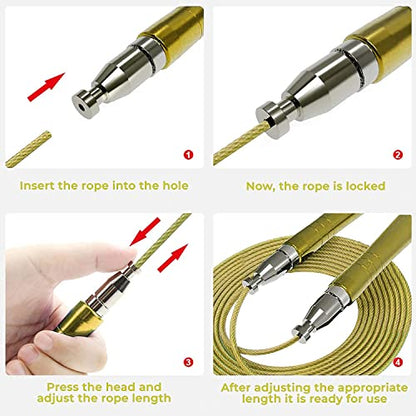PrimaFIT Jump Rope Pro Speed Skipping Rope Adjustable Adult Jumping Rope Weighted Aluminium Handles for Double Dutch Boxing Workout Crossfit Exercise Fitness Spare Cable Weights Protectors Carry Bag - color: Golden