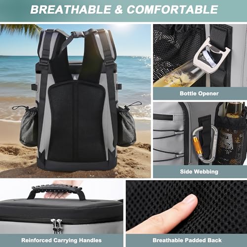 Large 52cans Cooler Backpack, Insulated, Waterproof, Leak Proof, 30L Large Capacity - color: Grey, Black Zipper