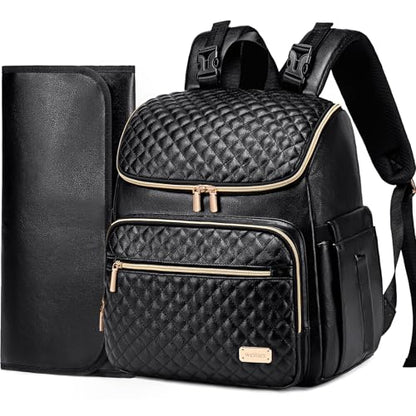 Weitars Diaper Bag Backpack Leather Baby Diaper Bag with Changing Pad Travel Diaper Backpack,Baby Bag for Mom,Stroller Straps,5 Insulated Pockets (Black Leather) - color: Black Leather