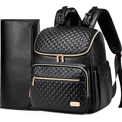 Weitars Diaper Bag Backpack Leather Baby Diaper Bag with Changing Pad Travel Diaper Backpack,Baby Bag for Mom,Stroller Straps,5 Insulated Pockets (Black Leather) - color: Black Leather