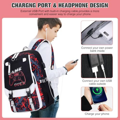 Bevalsa Backpack for Boys, Cool Luminous Boys Backpack with Sling Bag, Lunch Box & Pen Case, School Bags for Kids Children Teens Elementary Middle Schools, Bookbag Glow In The Dark (Red Game) - color: Red Game