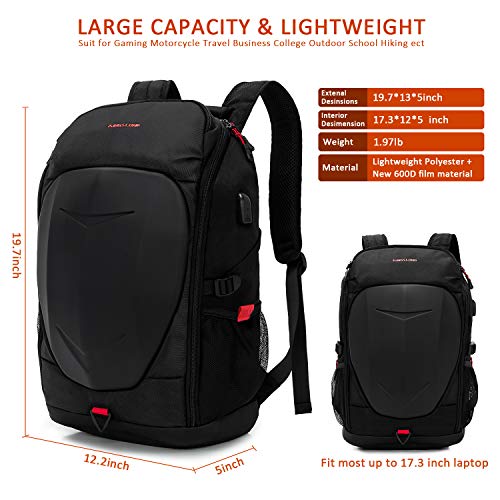 KINGSLONG 17 Inch Laptop Backpack with Hardshell, Armored Backpack with USB Port and Lightweight Rain Cover for Motorcycle Outdoor Racing Waterproof Rucksack Black