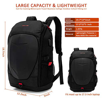 KINGSLONG 17 Inch Laptop Backpack with Hardshell, Armored Backpack with USB Port and Lightweight Rain Cover for Motorcycle Outdoor Racing Waterproof Rucksack Black